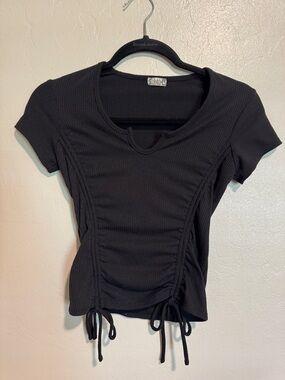 Free People Black Ribbed Tie-Front Ruched Crop Top